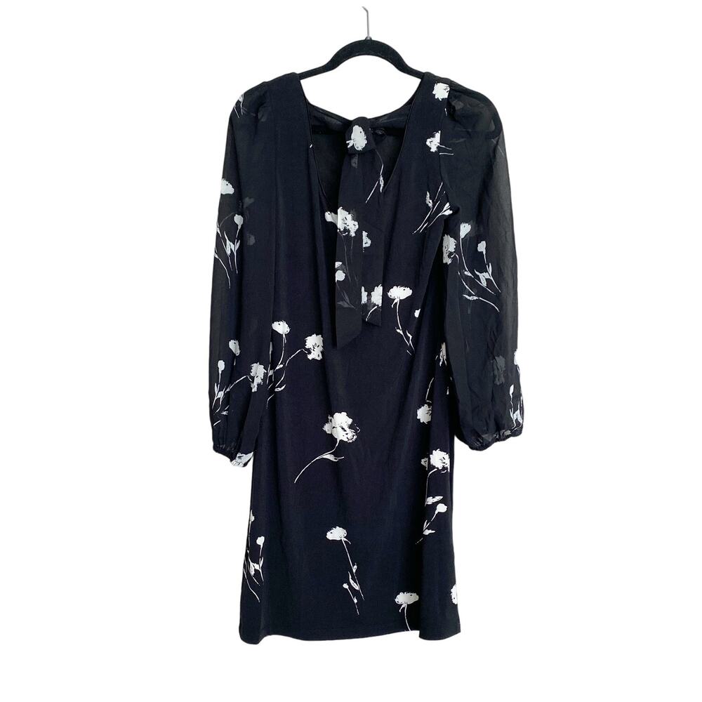 T Tahari Black with White Flowers Dress Sheer Long Sleeves - Sz Small Career - Picture 3 of 10